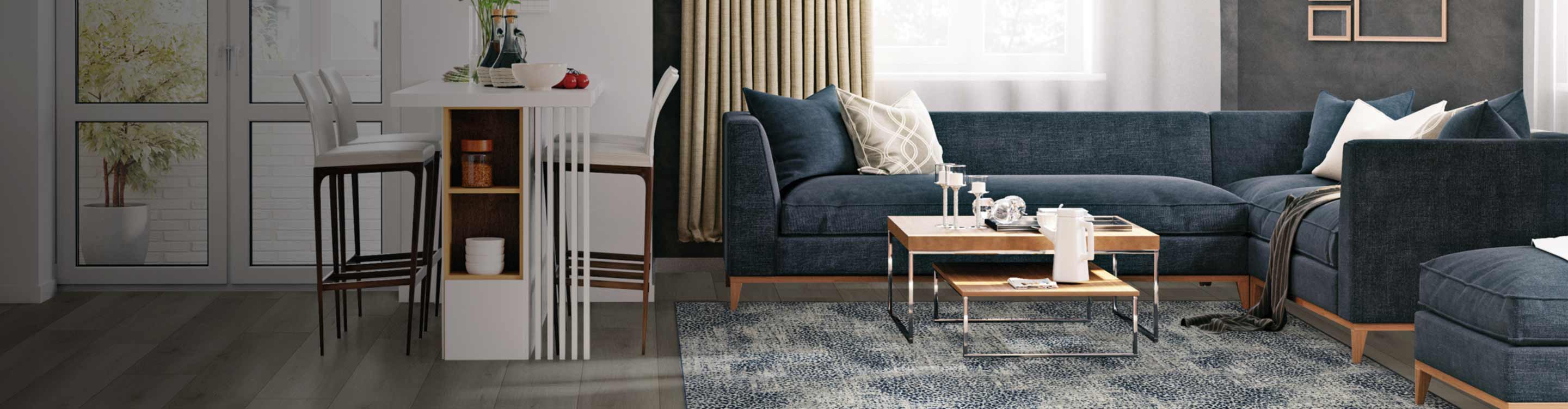 gray floors with a gray and navy area rug
